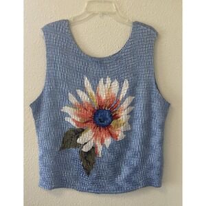 August Max Women's Crinkle Top SIze 5 (1X?) Baby Blue Floral Sleeveless Y2K Art